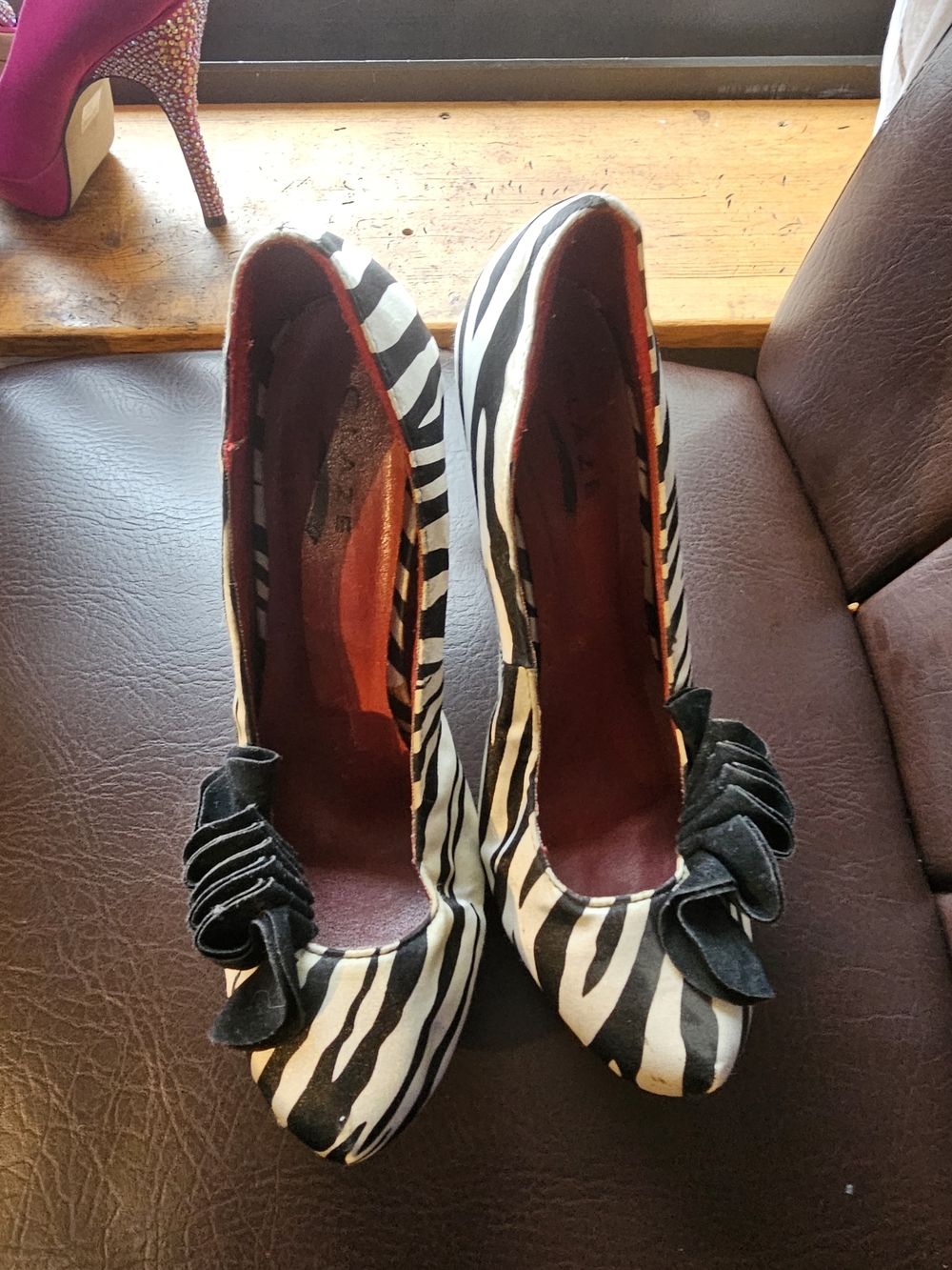 Glaze Black and White Zebra-Print Peep-Toe Heels with Bow